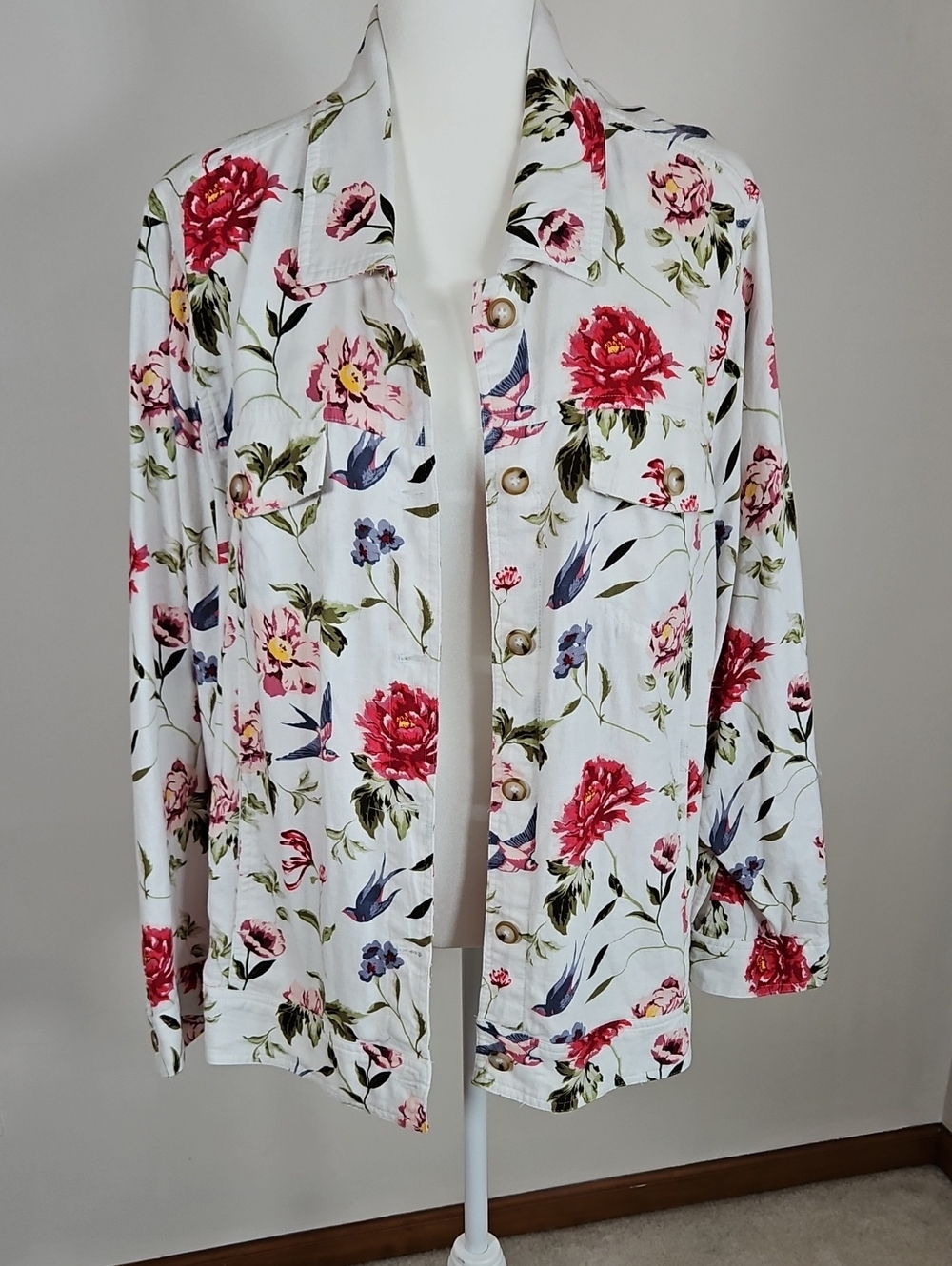 Tahari NWT Linen Blend Jacket Bird Floral Print 3X Cottage Pockets Feminine